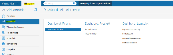 Standard Dashboard Visma net navigering